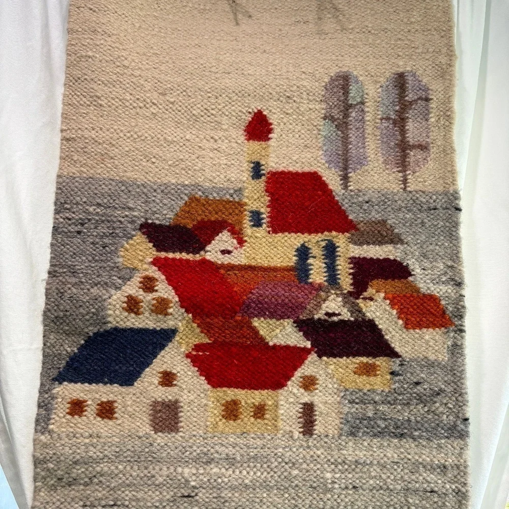 Vintage 1970s Polish Kilim Wool Scandinavian Village Cepelia Tapestry